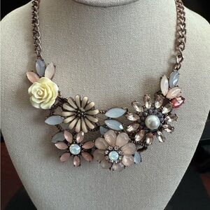 Park Lane Floral Statement Necklace with Cream, Pink, Pearl and Beige Accents